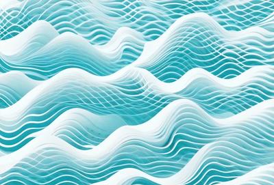 The primary subject of the image is a blue ocean with white waves. The setting is a blue and white ocean surface, and the visual style is a combination of photo and digital art. The dominant colors are blue and white, creating a serene and calming atmosphere.