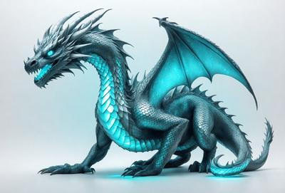 The primary subject of the image is a large, blue, and green dragon. The dragon is standing on a white surface, which serves as the background. The visual style of the image is digital art, as it appears to be a computer-generated or digitally rendered image. The dominant colors in the image are blue and green, giving the dragon a vibrant and lively appearance.