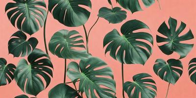 The image features a large group of green leaves, possibly from a palm tree, arranged in a pattern. The leaves are spread across the scene, with some overlapping and others standing alone. The leaves are the primary subject of the image, and they are set against a pink background, which adds a vibrant and lively atmosphere to the scene. The visual style of the image is a combination of photo and digital art, creating a unique and eye-catching composition.