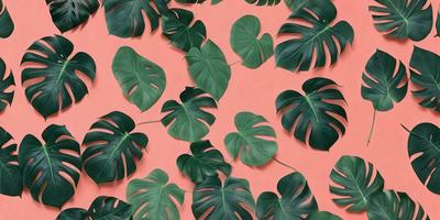 The image features a large number of green leaves arranged in a pattern on a pink background. The leaves are of various sizes and shapes, creating a visually appealing and lively scene. The primary subject of the image is the abundance of green leaves, which are the main focus of the image. The setting is a pink background, which adds a vibrant and contrasting color to the scene. The visual style of the image is a combination of a photo and digital art, as it captures the natural beauty of the leaves
