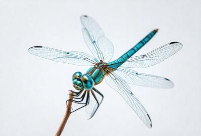The primary subject of the image is a blue and green dragonfly perched on a stick. The dragonfly is prominently displayed in the foreground, with its wings spread out. The setting is a white background, which provides a clean and minimalistic look to the image. The visual style is a close-up of the dragonfly, showcasing its intricate details. The colors and mood of the image are vibrant and lively, with the blue and green hues of the dragonfly creating
