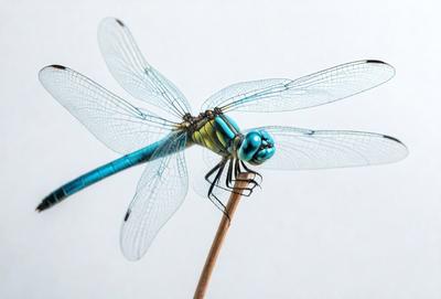 The primary subject of the image is a blue dragonfly perched on a wooden stick. The dragonfly is prominently displayed in the foreground, with its wings spread out. The setting is a white background, which provides a clean and minimalistic look to the image. The visual style is a close-up of the dragonfly, showcasing its intricate details. The colors and mood of the image are predominantly blue, giving it a calm and serene atmosphere.