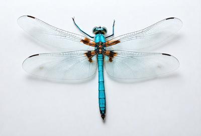 The primary subject of the image is a blue and brown dragonfly. The dragonfly is prominently displayed in the foreground, with its wings spread wide. The setting is a white background, which provides a clean and uncluttered look to the image. The visual style is a close-up, which emphasizes the details of the dragonfly's wings and body. The colors and mood of the image are vibrant and lively, with the blue dragonfly standing out against the white background.