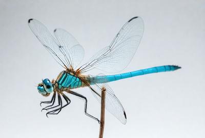 The primary subject of the image is a blue and green dragonfly perched on a stick. The setting is a white background, which provides a clean and minimalistic look to the image. The visual style is a close-up of the dragonfly, showcasing its intricate details. The colors and mood of the image are predominantly blue and green, giving the scene a calm and serene atmosphere.