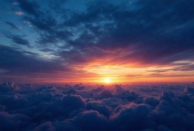The primary subject of the image is a beautiful sunset, with the sun peeking through the clouds. The setting is a cloudy sky, and the visual style is a photo. The colors and mood of the image are predominantly pink and purple, creating a serene and peaceful atmosphere.