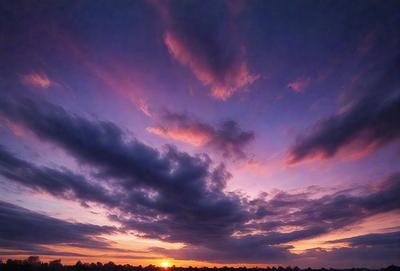 The primary subject of the image is a beautiful sunset, with the sun setting behind a cloudy sky. The setting is a field, and the visual style is a photo. The colors and mood of the image are dominated by warm hues, creating a serene and peaceful atmosphere.