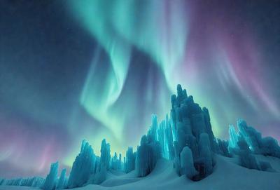 The primary subject of the image is a beautiful, colorful display of lights and neon colors, likely representing a nighttime scene with a purple sky. The setting is a snowy landscape, featuring a mountain range with a few ice formations. The visual style of the image is a combination of photo and digital art, creating a unique and captivating atmosphere. The dominant colors in the image are purple, blue, and white, with the purple sky creating a serene and enchanting mood.