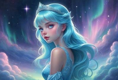 The primary subject of the image is a woman with long blue hair, wearing a blue dress. She is posing for the camera, and her hair is styled in a braid. The setting is a nighttime scene with a purple sky, which adds a sense of mystery and beauty to the image. The visual style is a digital art or illustration, showcasing the woman's features and the vibrant colors of the scene. The overall atmosphere is one of elegance and enchantment, as the woman appears
