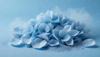 The primary subject of the image is a pile of blue flowers. The setting is a white surface, which provides a clean and minimalistic backdrop for the flowers. The visual style is a close-up of the flowers, showcasing their details and beauty. The colors and mood of the image are predominantly blue, creating a serene and calming atmosphere.