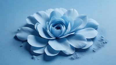 The primary subject of the image is a blue flower, which is the main object, scene, or focus of the image. The setting is a blue surface, which could be a table or a wall. The visual style is a close-up of the flower, showcasing its details. The dominant colors are blue and white, creating a calm and serene atmosphere.