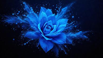 The primary subject of the image is a blue flower with a pink center, which is the focal point of the scene. The setting is a dark background, which contrasts with the vibrant blue and pink colors of the flower. The visual style of the image is a combination of photo and digital art, creating a unique and eye-catching representation of the flower. The dominant colors of the image are blue and pink, giving it a lively and cheerful atmosphere.