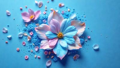 The primary subject of the image is a beautifully arranged bouquet of flowers, predominantly pink and blue, with some yellow accents. The flowers are placed on a blue surface, which adds a vibrant and calming atmosphere to the scene. The visual style of the image is a combination of photo and digital art, creating a realistic yet artistic representation of the flowers. The colors and mood of the image are predominantly warm and inviting, with the blue and pink hues evoking feelings of tran