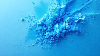 The primary subject of the image is a close-up of a blue flower, possibly a cherry blossom, with a white center. The setting is a blue background, which adds to the overall mood of the image. The visual style appears to be a combination of a photo and digital art, as the flower is depicted in a detailed and artistic manner. The colors and mood of the image are predominantly blue and serene, creating a calming and peaceful atmosphere.