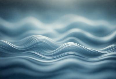 The primary subject of the image is a wave, which is the main object, scene, or focus of the image. The wave is depicted in a blue and white color scheme, giving it a calm and serene atmosphere. The setting or background of the image is a blue ocean, which provides a natural and soothing environment for the wave. The visual style of the image is a combination of photo and digital art, creating a realistic yet artistic representation of the wave.