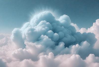 The primary subject of the image is a large, fluffy cloud with a blue hue. The cloud is surrounded by a blue sky, creating a serene and peaceful atmosphere. The visual style of the image is a combination of photo and digital art, as it appears to be a real cloud captured in a photo, yet it has been edited to enhance its appearance and create a more dramatic and artistic effect. The colors and mood of the image are predominantly blue, which adds to the calming and tranqu