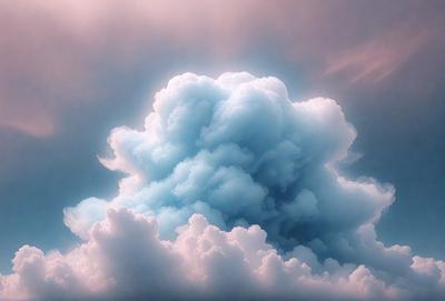 The primary subject of the image is a large, fluffy cloud with a blue hue. The cloud is floating in a blue sky, creating a serene and peaceful atmosphere. The setting is a vast, open sky, with no visible land or buildings. The visual style of the image is a combination of photo and digital art, as it captures the beauty of the cloud in a realistic yet artistic manner. The dominant colors are blue and white, with the blue hue of the cloud creating a sense of calmness and