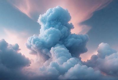 The primary subject of the image is a large, cloudy mass with a blue hue. The setting is a sky filled with clouds, creating a dramatic and moody atmosphere. The visual style is a combination of photo and digital art, as the clouds are depicted in a realistic manner while the overall composition is artistic. The dominant colors are blue and gray, with the blue hue of the cloud mass creating a striking contrast against the gray sky.