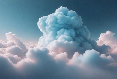 The primary subject of the image is a large, fluffy cloud with a blue hue. The cloud is floating in a blue sky, creating a serene and peaceful atmosphere. The setting is a vast, open sky, with no visible land or other objects in the background. The visual style of the image is a combination of photo and digital art, as it captures the beauty of the cloud in a realistic yet artistic manner. The dominant colors in the image are blue and white, with the blue hue of the cloud