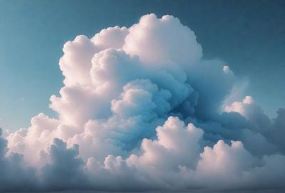 The primary subject of the image is a large, fluffy cloud with a blue hue. The cloud is the main focus of the image, and it appears to be floating in a blue sky. The setting is a cloudy sky, and the visual style is a combination of photo and digital art. The dominant colors are blue and white, creating a serene and peaceful atmosphere.