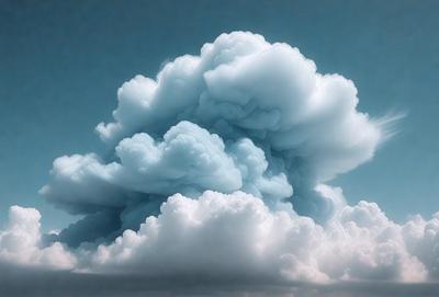 The primary subject of the image is a large, cloudy mass with a blue hue. The setting is a blue sky, and the visual style appears to be a digital art or illustration. The dominant colors are blue and white, creating a serene and peaceful atmosphere.