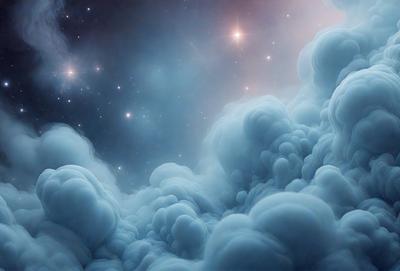 The primary subject of the image is a cloudy blue sky filled with clouds. The setting is a night sky, with the clouds creating a dramatic backdrop. The visual style is a digital art or illustration, as the clouds are depicted in a detailed and artistic manner. The colors and mood of the image are predominantly blue, creating a serene and peaceful atmosphere.
