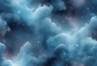 The primary subject of the image is a blue cloudy sky filled with stars. The setting is a night sky, and the visual style appears to be a digital art or illustration. The dominant colors are blue and white, creating a serene and peaceful atmosphere.