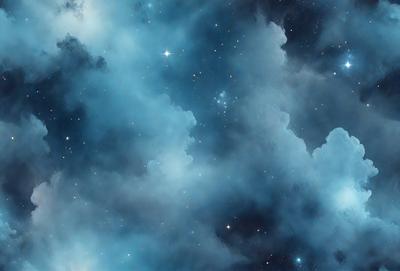 The primary subject of the image is a beautiful, blue, cloudy sky filled with stars. The setting is a vast, open space, and the visual style is a combination of a photo and digital art. The colors and mood of the image are serene and peaceful, with the blue hues of the sky and the twinkling stars creating a sense of wonder and awe.