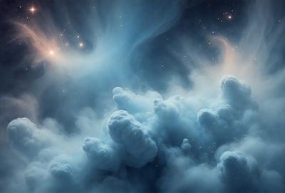 The primary subject of the image is a cloudy blue space with a starry background. The setting appears to be a celestial environment, possibly a nebula or a galaxy. The visual style of the image is a combination of photo and digital art, creating a unique and captivating scene. The dominant colors in the image are blue and white, with the blue clouds and white stars creating a serene and peaceful atmosphere.