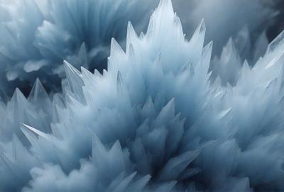 The primary subject of the image is a large, blue, crystal-like structure with multiple sharp points. The setting is a dark, cloudy sky, which creates a dramatic backdrop for the crystal. The visual style is a combination of photo and digital art, as the image appears to be a close-up of the crystal, yet it has a digital art-like quality. The dominant colors are blue and white, with the blue crystal being the main focus of the image. The overall atmosphere is one of mystery and