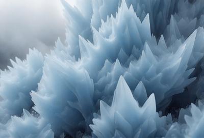 The primary subject of the image is a large, blue, crystal-like structure with multiple sharp points. The setting is a cloudy sky, and the visual style appears to be a combination of a photo and digital art. The dominant colors are blue and white, creating a cool and serene atmosphere.