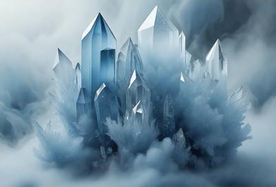 The primary subject of the image is a large, intricate crystal structure, possibly a castle made of crystals, surrounded by a cloudy sky. The setting appears to be a fantasy world, with the crystal structure as the main focus. The visual style of the image is a combination of photo and digital art, creating a unique and captivating scene. The colors and mood of the image are predominantly blue, giving it a serene and mystical atmosphere.