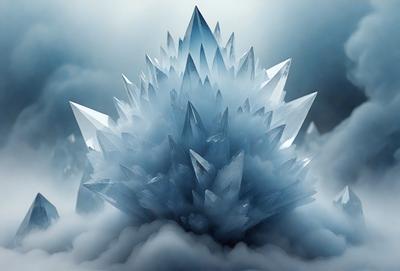 The primary subject of the image is a large, blue, crystal-like structure, possibly a mountain or a tower, with many smaller crystals or ice formations surrounding it. The setting is a cloudy sky, which adds to the overall atmosphere of the scene. The visual style of the image is a combination of photo and digital art, creating a unique and intriguing appearance. The dominant colors are blue and white, with the blue crystal structure and the white clouds in the sky. The overall mood of the image is