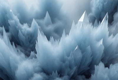 The primary subject of the image is a large, blue crystal formation, which appears to be a part of a larger structure. The setting is a cloudy sky, with the crystal formation standing out against the backdrop. The visual style of the image is a combination of photo and digital art, creating a unique and intriguing scene. The dominant colors in the image are blue and white, giving the scene a serene and otherworldly atmosphere.