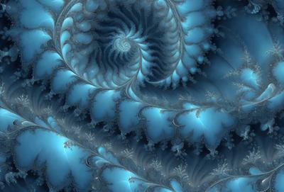 The primary subject of the image is a blue spiral pattern, which appears to be a digital art or illustration. The setting is a blue background, and the visual style is a combination of digital art and illustration. The dominant colors in the image are blue and white, creating a calm and serene atmosphere.