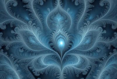 The primary subject of the image is a blue and white artistic design, possibly a digital art or illustration. The setting is a blue background, which complements the artwork. The visual style is a combination of digital art and illustration, creating a unique and intricate design. The colors and mood of the image are predominantly blue and white, giving it a calm and serene atmosphere.