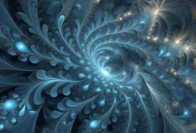 The primary subject of the image is a blue spiral pattern, which appears to be a digital art or illustration. The setting is a blue background, and the visual style is a combination of photo and digital art. The colors and mood of the image are predominantly blue, creating a serene and calming atmosphere.