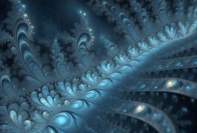 The primary subject of the image is a blue and white swirling pattern, which appears to be a digital art or illustration. The setting is a dark blue background, creating a contrasting and dramatic effect. The visual style suggests that the image is a creative and artistic representation of a swirling pattern. The colors and mood of the image are predominantly dark and moody, with the blue and white swirls adding a sense of depth and intricacy to the overall composition.
