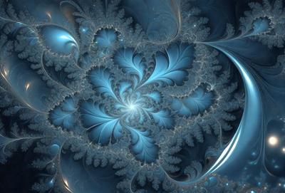 The primary subject of the image is a blue and white swirling pattern, which appears to be a digital art or illustration. The setting is a blue background, and the visual style is a combination of digital art and illustration. The colors and mood of the image are predominantly blue and white, creating a sense of calmness and tranquility.