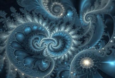 The primary subject of the image is a blue spiral pattern, which is the main object, scene, or focus of the image. The setting or background features a blue and white swirl pattern, which adds to the visual style of the image. The overall atmosphere is one of intricate and colorful design, with a sense of depth and complexity.