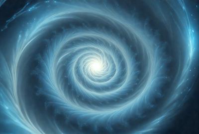 The primary subject of the image is a spiral, which is the main object, scene, or focus of the image. The spiral is set against a blue background, giving it a vibrant and lively appearance. The visual style of the image is digital art, as it is a computer-generated representation of the spiral. The dominant colors in the image are blue and white, creating a sense of depth and movement.