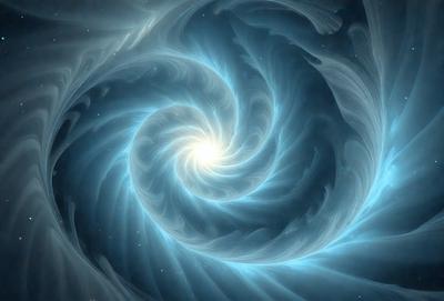 The primary subject of the image is a spiral-shaped blue object, which appears to be a swirling vortex. The setting is a dark, starry background, creating a sense of depth and mystery. The visual style is a combination of digital art and illustration, with the spiral shape and blue color giving it a futuristic and otherworldly appearance. The colors and mood of the image are predominantly blue, with a touch of white, which adds to the sense of calmness and tranquility