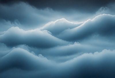 The primary subject of the image is a cloudy sky with a blue hue. The setting is a cloudy day, and the visual style is a painting or drawing. The colors and mood of the image are predominantly blue, creating a calm and serene atmosphere.