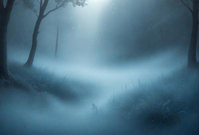 The primary subject of the image is a tree in a forest, surrounded by fog. The setting is a forest with a tree in the foreground, and the visual style is a photo. The colors and mood of the image are predominantly blue, creating a serene and mysterious atmosphere.
