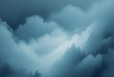 The primary subject of the image is a cloudy sky with a blue hue. The setting is a forest with trees, and the visual style is a photo. The dominant colors are blue and white, creating a calm and serene atmosphere.
