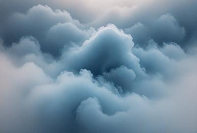 The primary subject of the image is a cloudy sky filled with clouds. The setting is a blue sky, and the visual style is a photo. The clouds are white and gray, creating a somewhat gloomy atmosphere.
