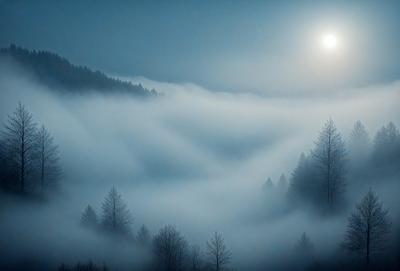 The primary subject of the image is a foggy mountain landscape. The setting is a mountainous area with a dense fog covering the landscape. The visual style is a photo of the foggy mountain, capturing the atmosphere of the scene. The colors and mood of the image are predominantly blue and moody, with the fog creating a mysterious and serene ambiance.