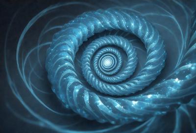 The primary subject of the image is a spiral-shaped blue object, which appears to be a piece of art or a decorative item. The setting is a dark background, which contrasts with the bright blue color of the spiral. The visual style of the image is a combination of digital art and illustration, creating a unique and eye-catching design. The colors and mood of the image are predominantly blue, giving it a calm and serene atmosphere.