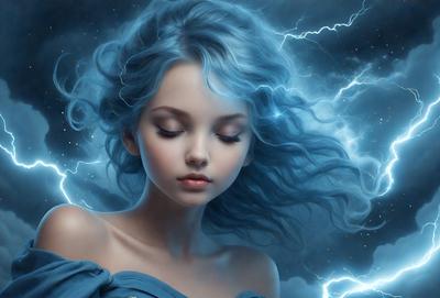 The primary subject of the image is a young woman with blue hair, who appears to be a character from a fantasy world. She is wearing a blue dress and has a blue-green color to her hair. The setting is a dark, cloudy sky, which adds to the overall mood of the image. The visual style is a digital art, illustration, or drawing, creating a surreal and dreamy atmosphere.