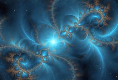 The primary subject of the image is a blue and white swirling pattern, which appears to be a digital art or illustration. The setting is a space background, with stars visible in the distance. The visual style is a combination of digital art and illustration, creating a unique and captivating image. The dominant colors are blue and white, giving the image a calming and serene atmosphere.