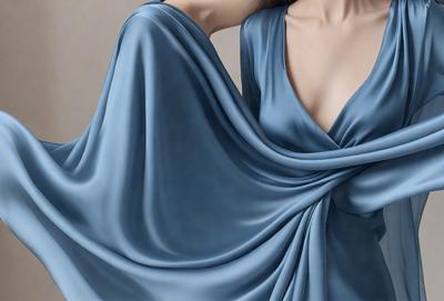 The primary subject of the image is a woman wearing a blue dress. She is holding the dress in front of her, covering her body. The setting is a room with a wall visible in the background. The visual style is a painting, and the colors and mood are predominantly blue, creating a calm and serene atmosphere.